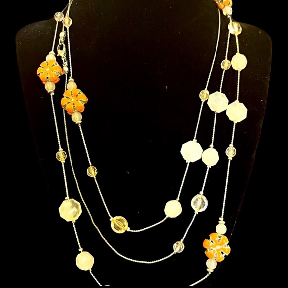 Jewelry - Extra Long Silver Pink Orange Flower Necklace